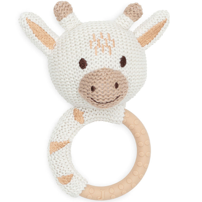 Jollein babyspeelgoed rammelaar met bijtring in de vorm van een gebreide beige giraffe.