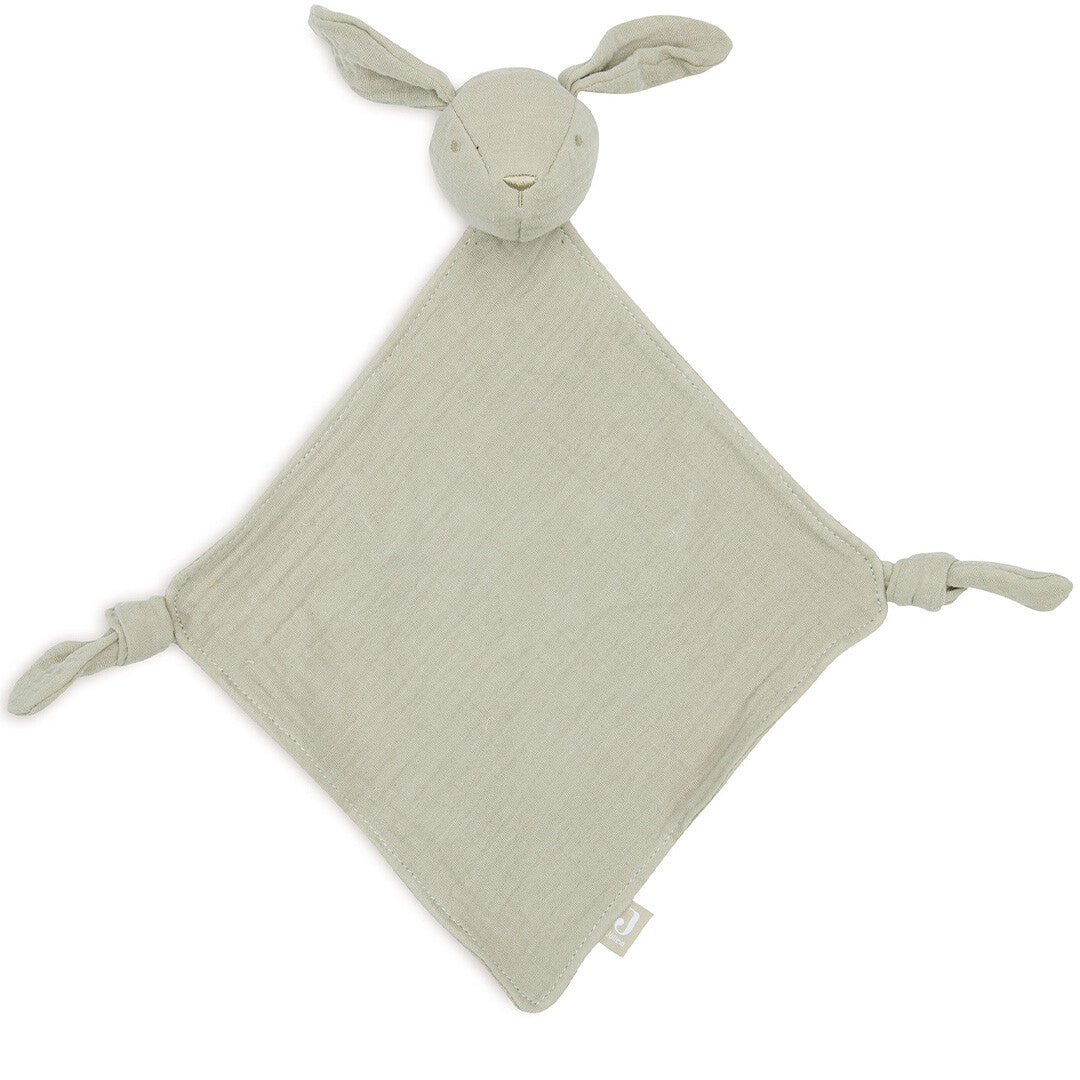 Jollein babyspeelgoed speendoek met konijnenhoofd en geknoopte hoeken.