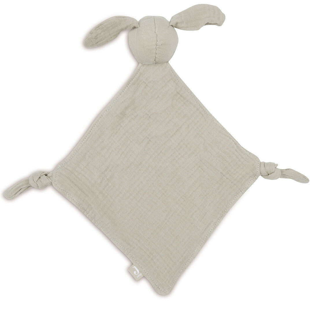 Jollein babyspeelgoed speendoek met konijnenhoofd en geknoopte hoeken.