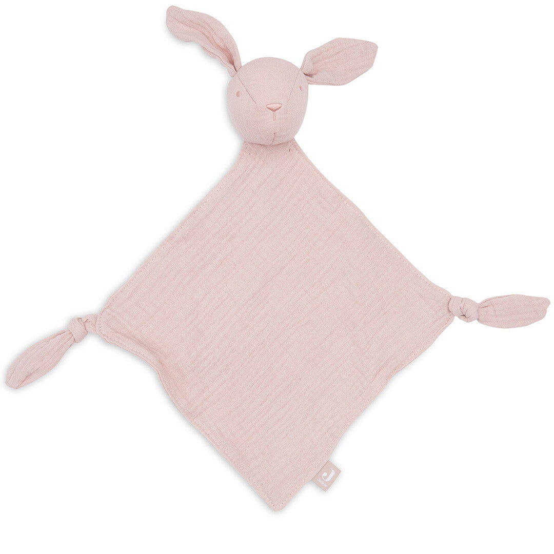 Jollein roze babyspeendoek met konijnenhoofdje en geknoopte hoeken.