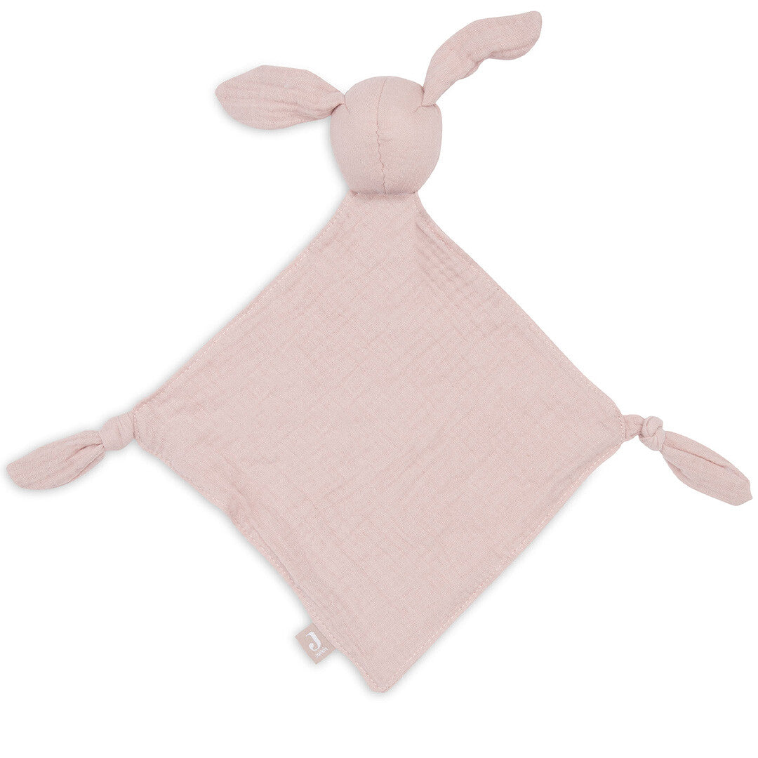Jollein roze babyspeendoek met konijnenhoofdje en geknoopte hoeken.