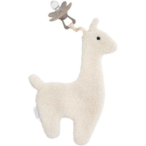 Jollein off-white pluchen lama speendoek met een fopspeen eraan.