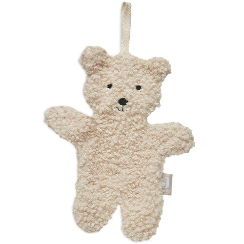 Jollein speendoek in de vorm van een beige teddybeer met een lusje bovenaan.