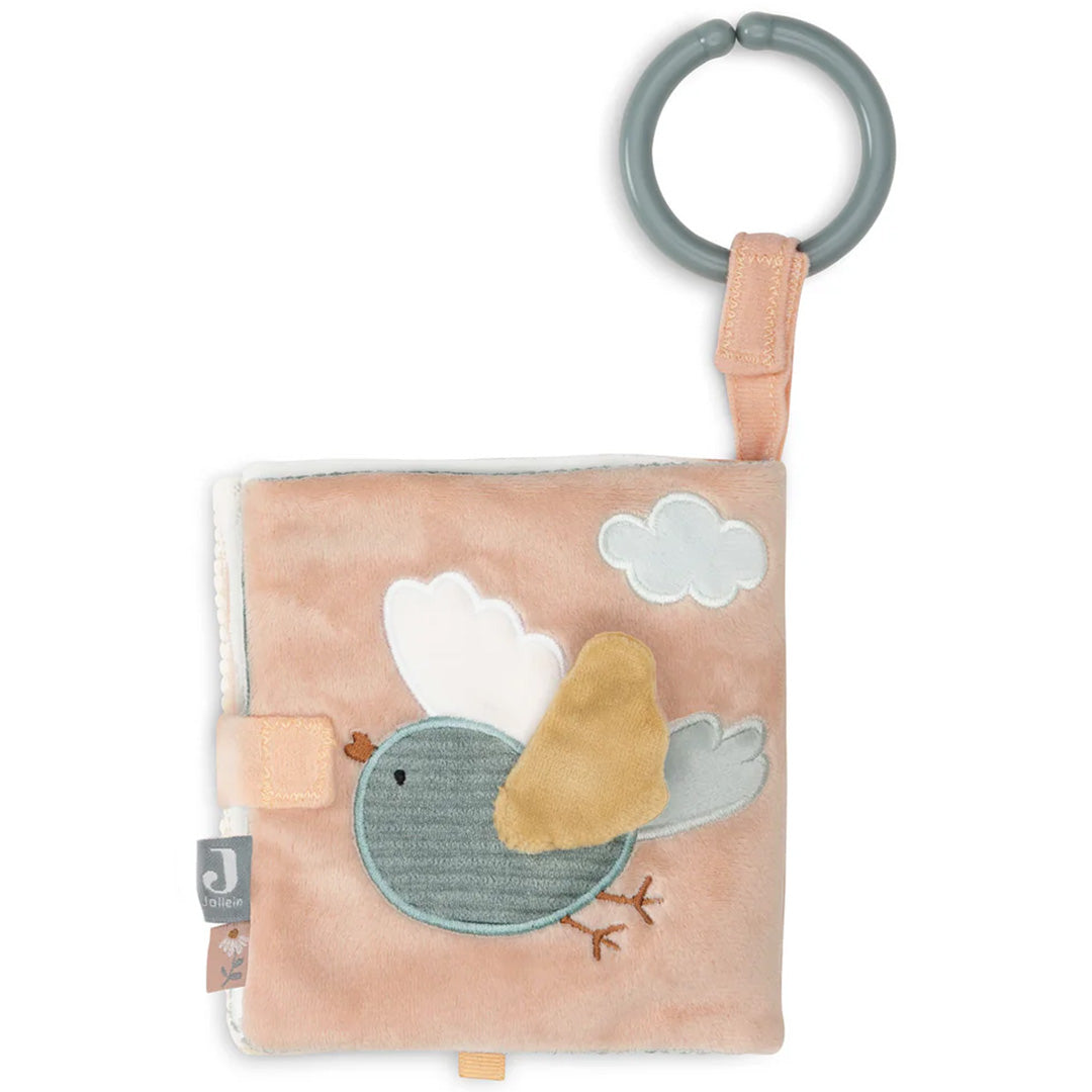 De achterkant van het Jollein activiteitenboekje met een vliegende vogel en wolken.