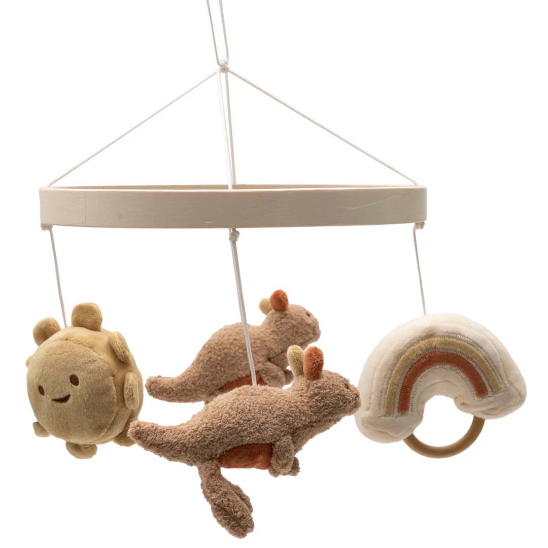 Jollein babymobiel met houten ring en pluchen kangoeroes, zon en regenboog.