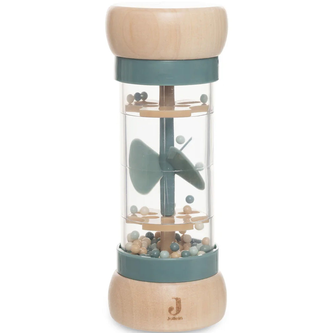 Jollein regenrammelaar van hout en plastic met groene accenten en gekleurde balletjes.