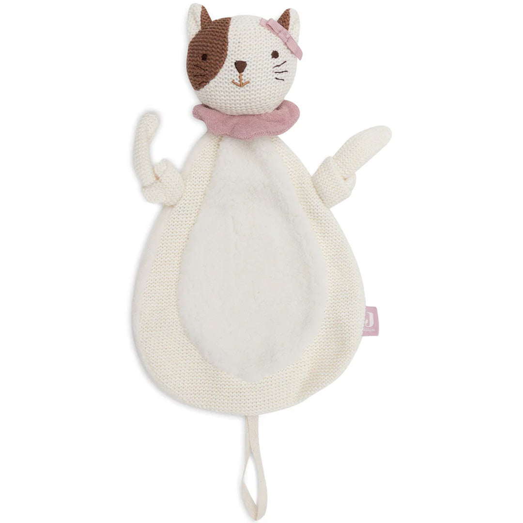 Jollein speendoek kat Jill, een wit met bruin gebreid babyspeelgoed, vooraanzicht.