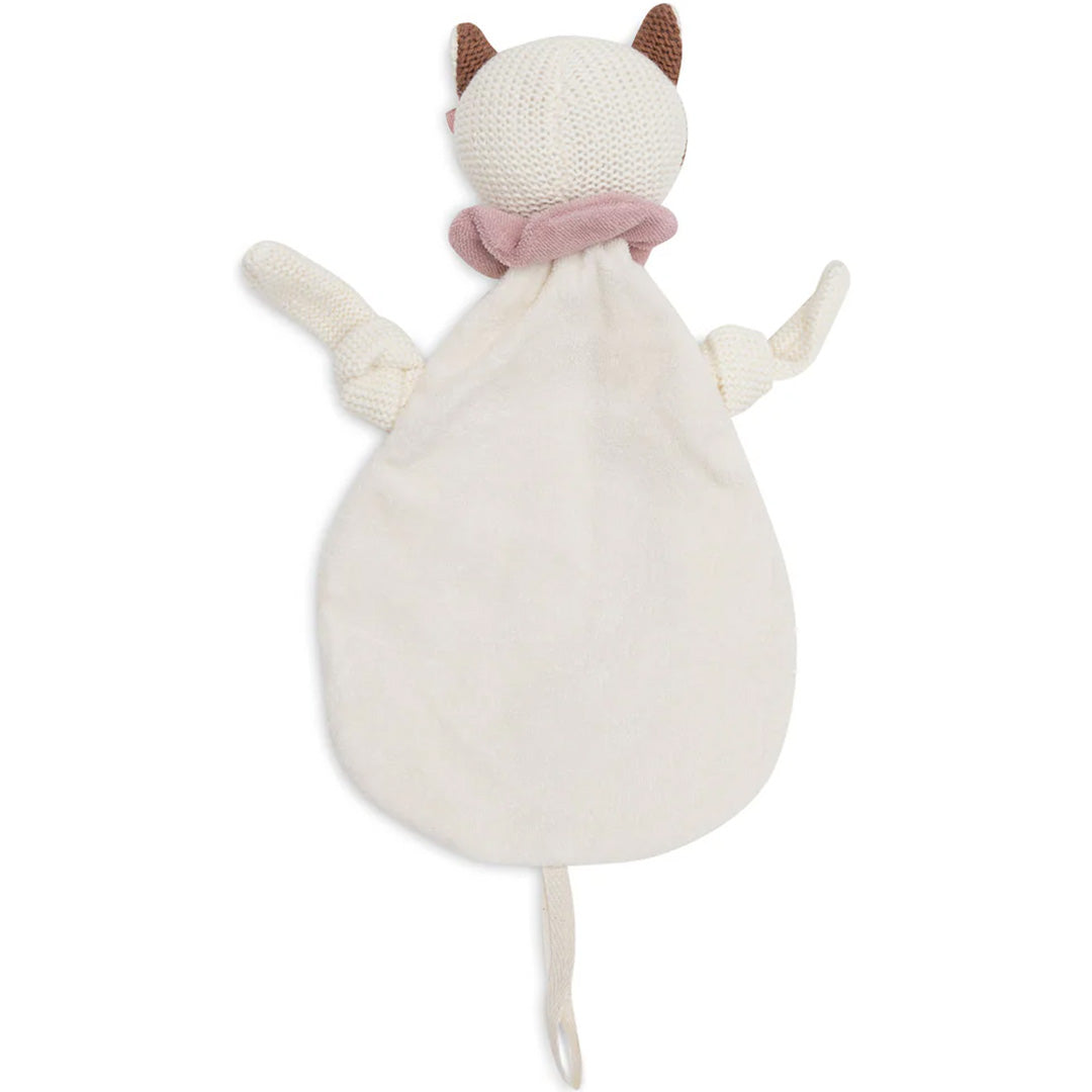 Jollein speendoek kat Jill, een wit met bruin gebreid babyspeelgoed, achteraanzicht.