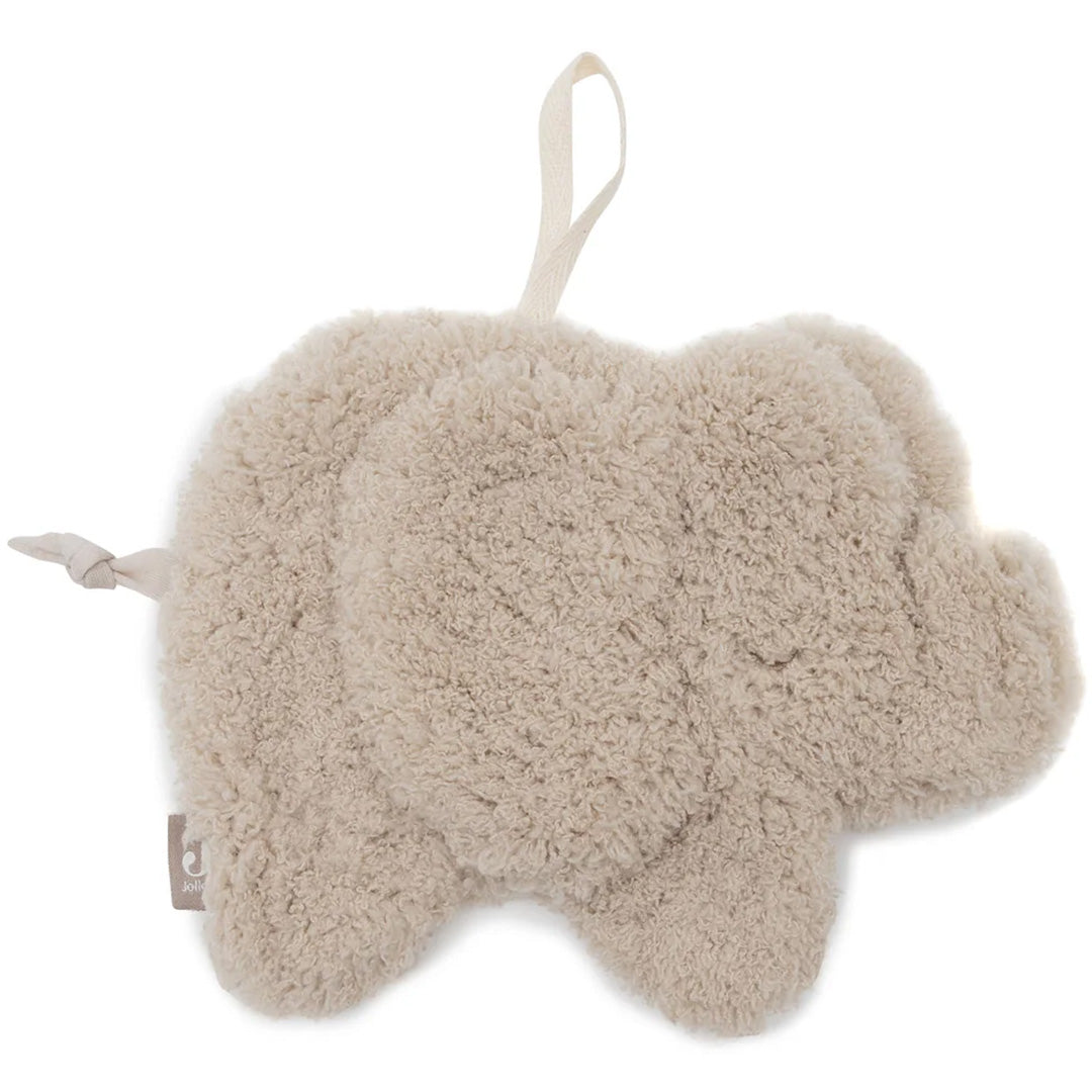 Jollein speendoek in de vorm van een beige, pluizige olifant met een lusje.