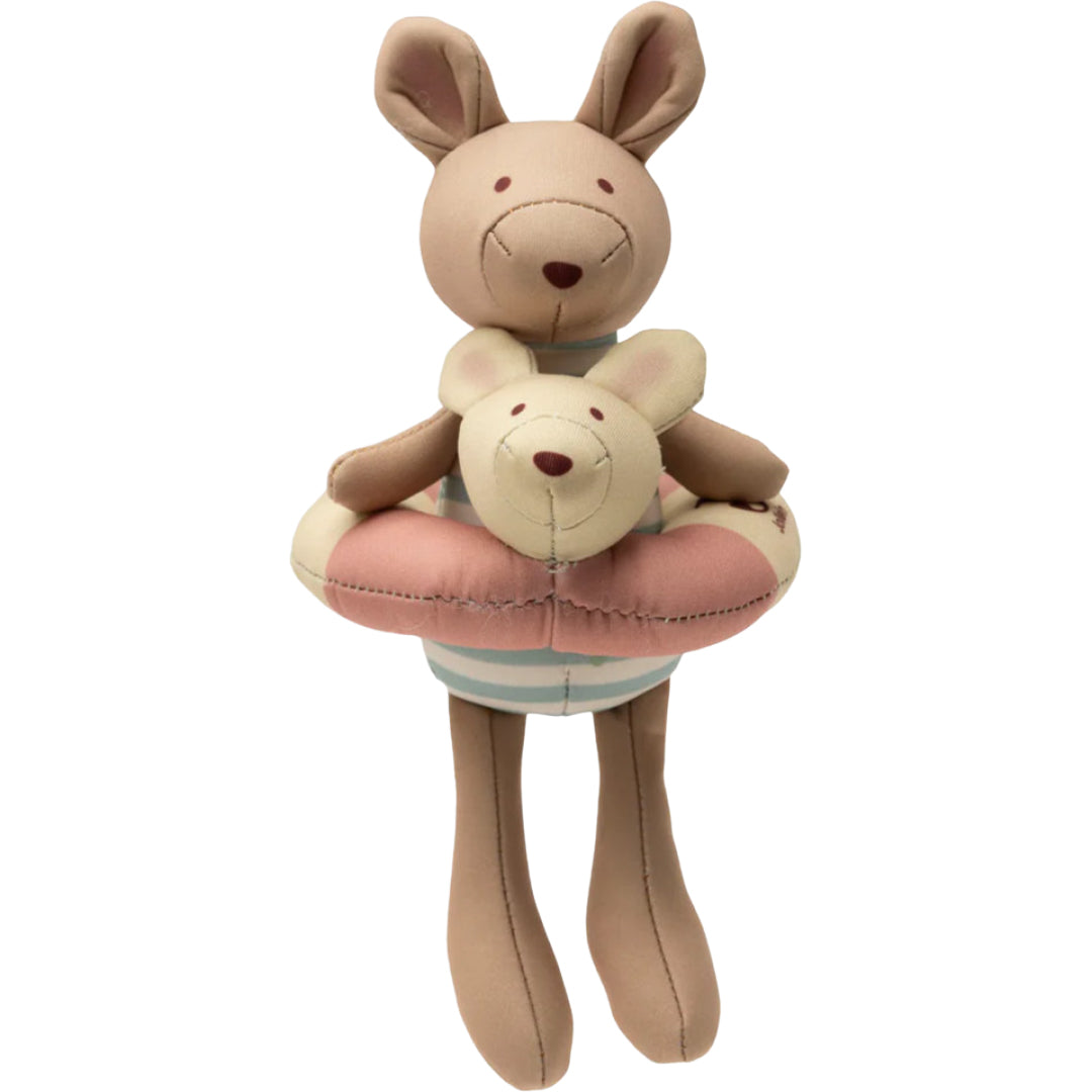 Jollein badpop in de vorm van een beige kangoeroe met gestreept badpak en zwemband, van voren gezien.