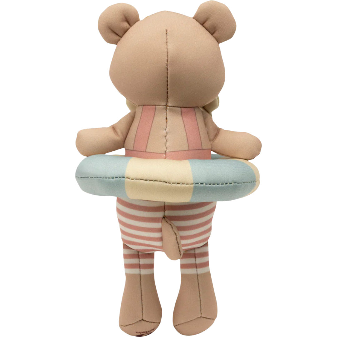 Achterkant van de Jollein teddy bear badpop met gestreepte zwemband.