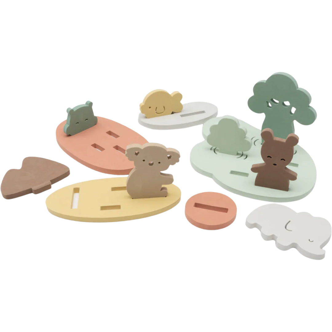 Jollein badspeelset met diverse drijvende schuimfiguren van dieren en natuur in pastelkleuren.
