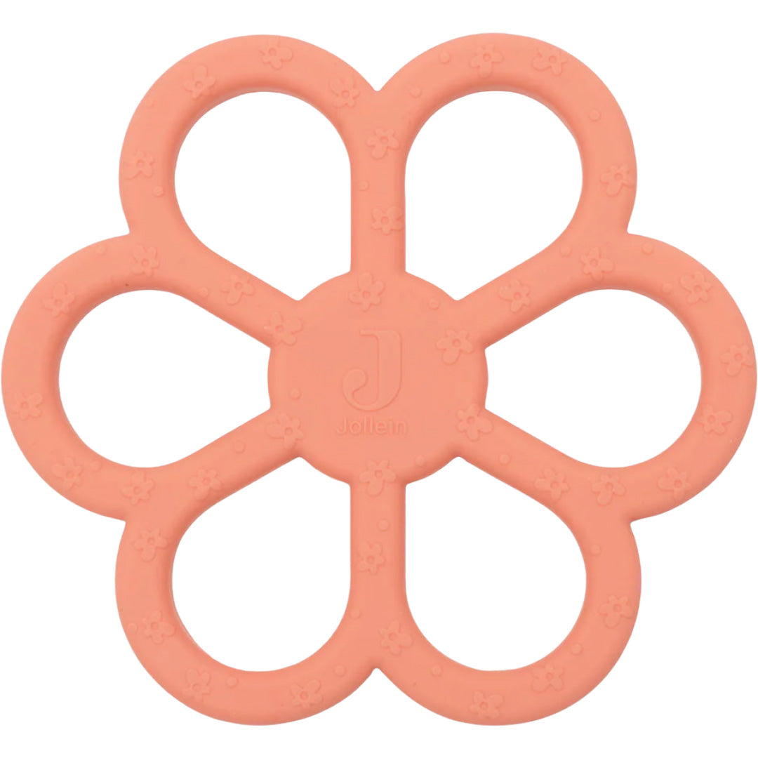 Jollein roze siliconen bijtring in bloemvorm met gebloemd patroon.