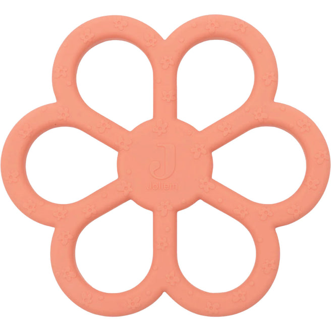 Jollein roze siliconen bijtring in bloemvorm met gebloemd patroon.