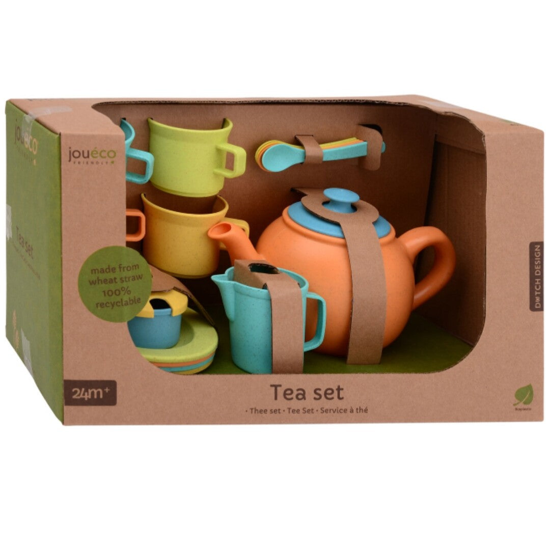 De verpakking van het Jouéco theeservies, met een theepot en kopjes zichtbaar door een uitsparing.