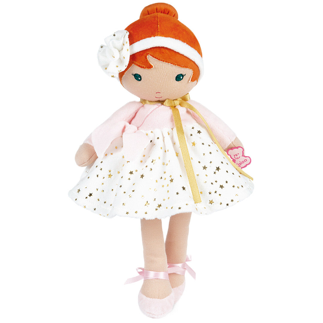 Kaloo lappenpop Valentine met oranje haar, roze top en witte rok met gouden sterren.