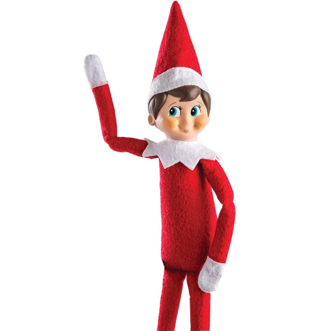 Elf on the Shelf elfje met rood pakje en kerstmuts staat rechtop en zwaait met één arm.