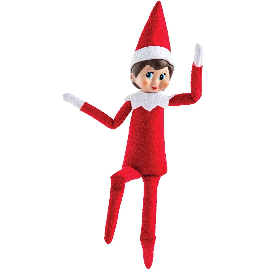 Het The Elf on the Shelf elfje staat rechtop met één been opgetrokken en armen gespreid.