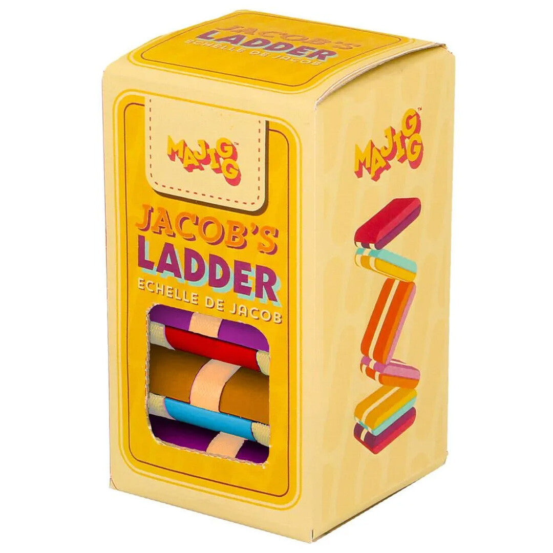 Verpakking van de Keycraft Jacobsladder, een gele doos met 'JACOB'S LADDER' en een venster dat de kleurrijke houten blokken toont.