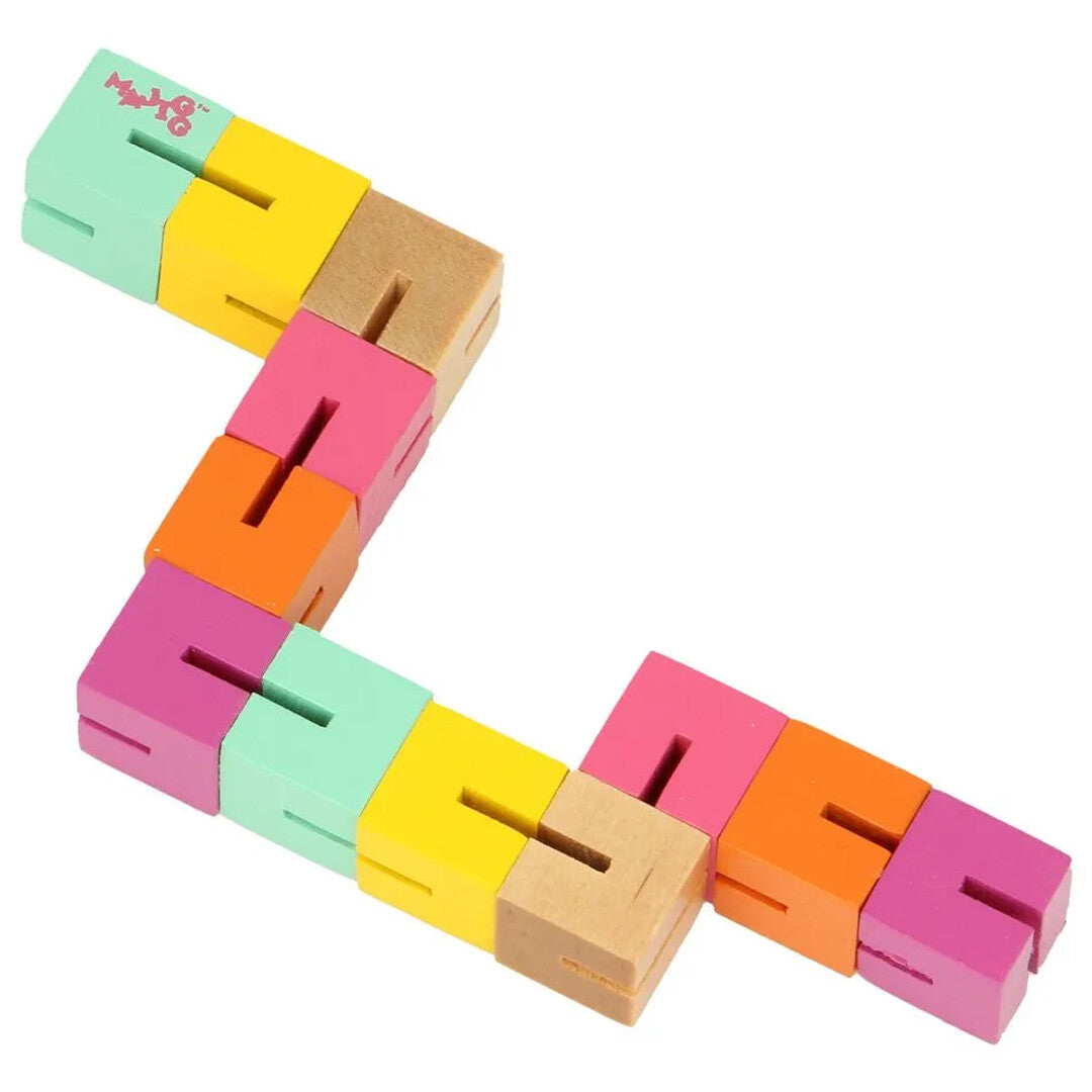 Keycraft twister blokken, een veelkleurig houten sensorisch speelgoed in een zig-zag vorm.