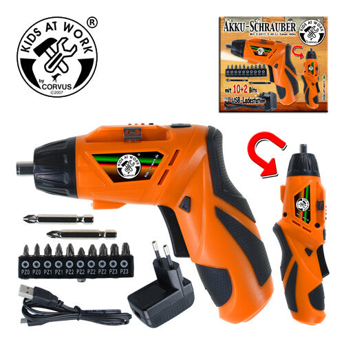 Een infographic van de Kids at Work accuschroevendraaier set met accessoires, en rechtsboven de productverpakking.