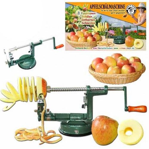Een overzichtsfoto van de groene kids at work appelschilmachine, een mand met appels en de productverpakking.
