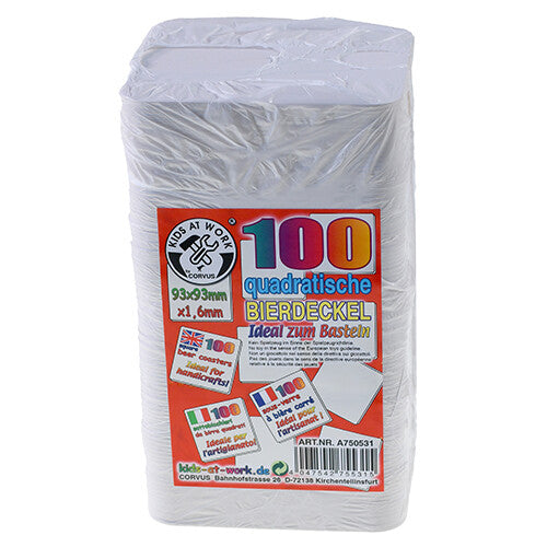 De Kids at work verpakking van 100 blanco papieren hobby onderzetters, met Duitse en Engelse tekst.