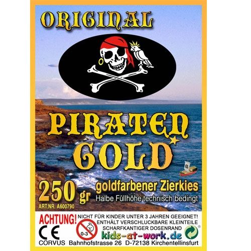 Detail van het kids at work etiket van de hobbyset 'Piraten Gold' met een piratenhoofd.