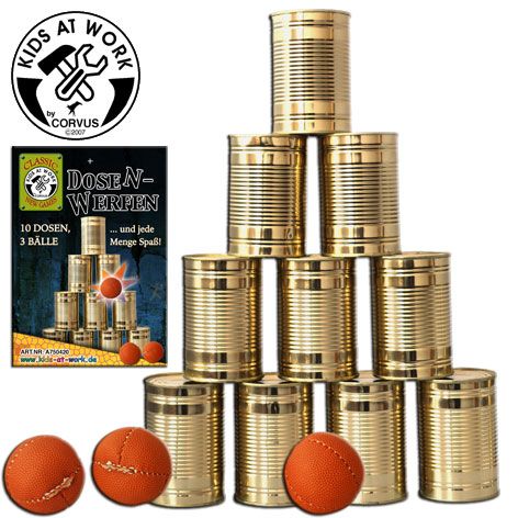 Kids at Work blikken gooien speelgoed met een piramide van gouden blikken, drie oranje ballen en de productverpakking.