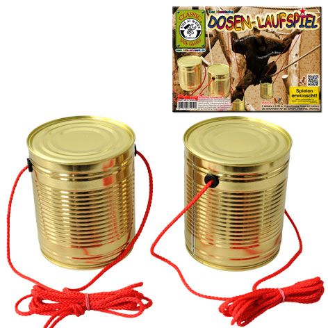Kids at work bliklopen speelgoed met twee gouden blikken en rode touwen, naast de productverpakking.