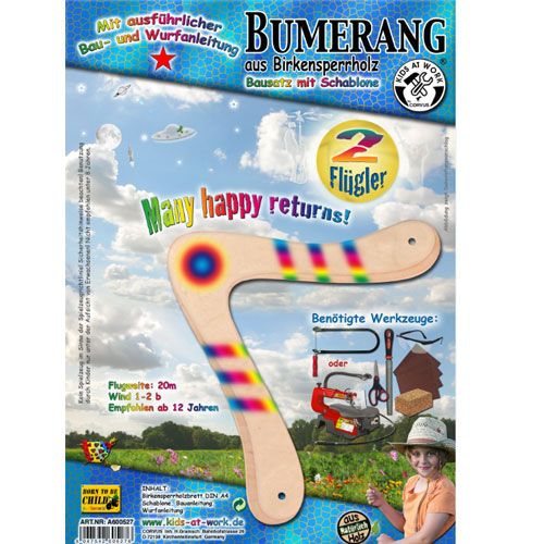 Kids at Work verpakking van het doe-het-zelf houten boemerang bouwpakket met een kind en gereedschap.