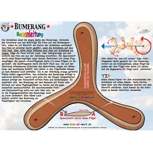 Een infographic met de Duitse bouwinstructies en werking van de kids at work houten boemerang.