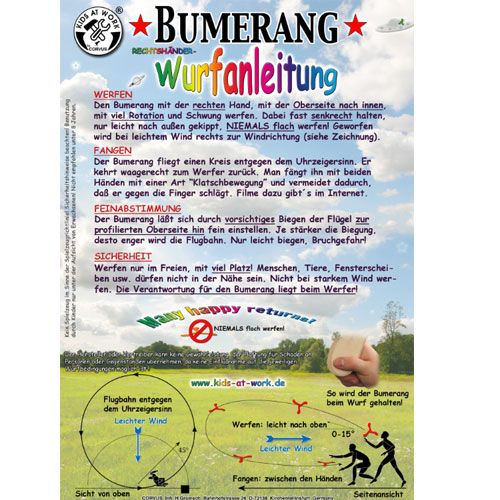 Een infographic met de Duitse werpinstructies voor de kids at work houten boemerang.