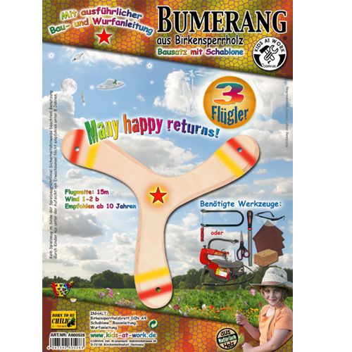 De verpakking van de kids at work houten boemerang DIY-kit met een afbeelding van de boemerang en gereedschap.