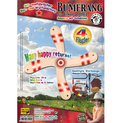 De verpakking van de kids at work boemerang DIY kit met een afbeelding van de boemerang en gereedschap.
