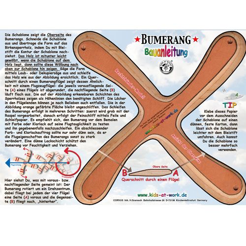 kids at work infographic met bouwinstructies voor de houten boemerang.
