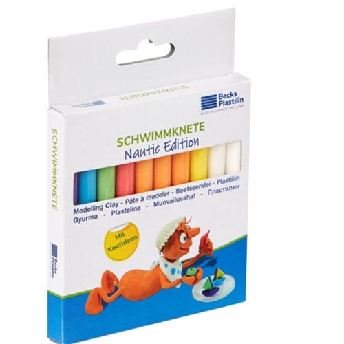 Verpakking van Becks Plastilin Schwimmknete Nautic Edition boetseerklei met diverse kleuren en een illustratie van een figuur met bootjes.