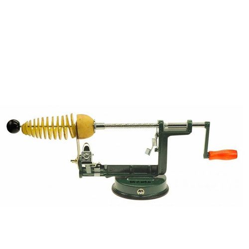 Kids at Work groene chipsmachine die een aardappel spiraalsnijdt.