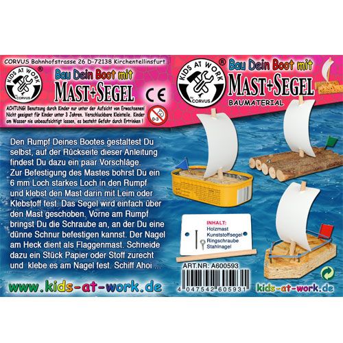 Achterkant van de Kids at Work DIY mast en zeil hobbyset verpakking met Duitse tekst en voorbeelden van zelfgemaakte bootjes.
