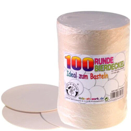 Kids at Work verpakking met 100 ronde beige knutselonderzetters, met enkele losse exemplaren ernaast.