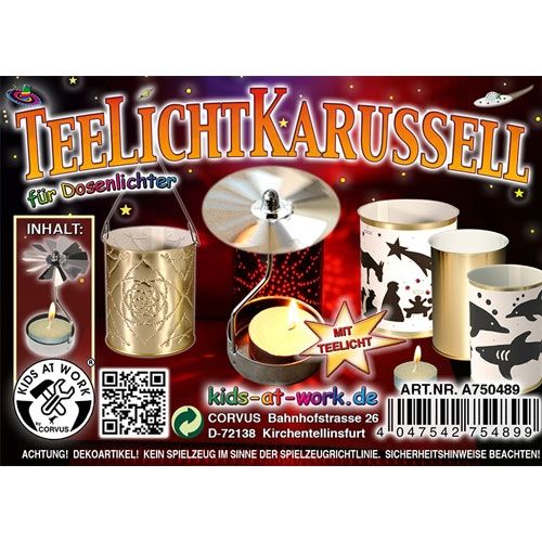 Verpakking van de kids at work DIY theelicht carrousel handwerkset met voorbeelden van verschillende ontwerpen.