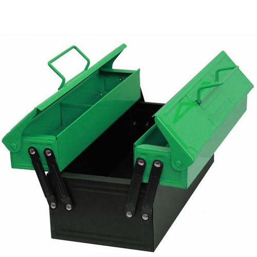 kids at work groene metalen speelgoed gereedschapskist opengeklapt.