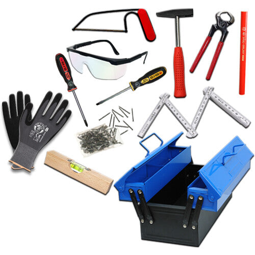 Een kids at work gereedschapskist met diverse gereedschappen zoals een hamer, zaag, schroevendraaiers, veiligheidsbril en handschoenen.