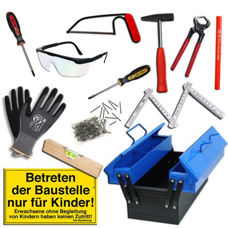 Een kids at work gereedschapskist met diverse gereedschappen en een geel bord met de tekst 'Betreten der Baustelle nur für Kinder'.