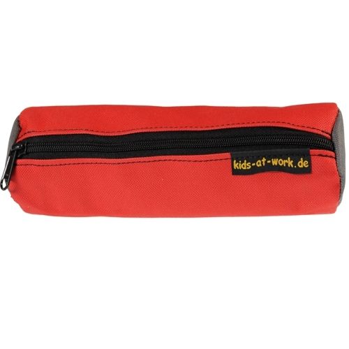 Rood kids at work etui met zwarte rits en logo.