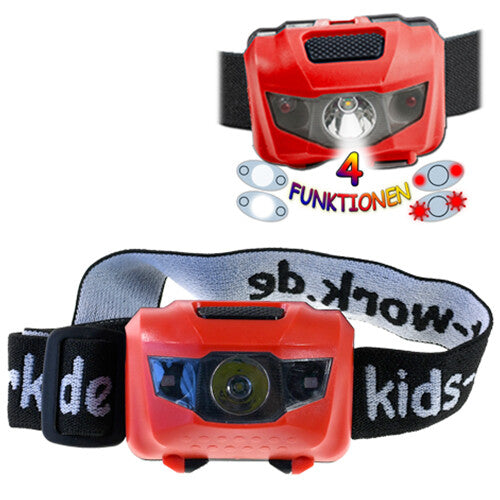 Infographic van de kids at work rode kinder hoofdlamp met 4 functies.