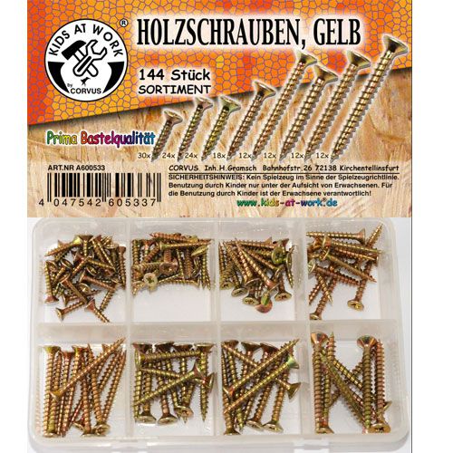 Verpakking van Kids at Work gele houtschroeven, 144 stuks, met assortiment in een plastic doos.