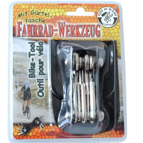 Verpakking van de Kids at Work fietsmultigereedschap set met afbeelding van een fietser.