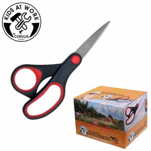 Kids at Work kinderschaar met zwarte en rode handvatten naast de productverpakking.