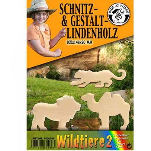 De voorkant van de Kids at Work verpakking voor houten kinderspeelgoed met safari wilde dieren sjablonen.